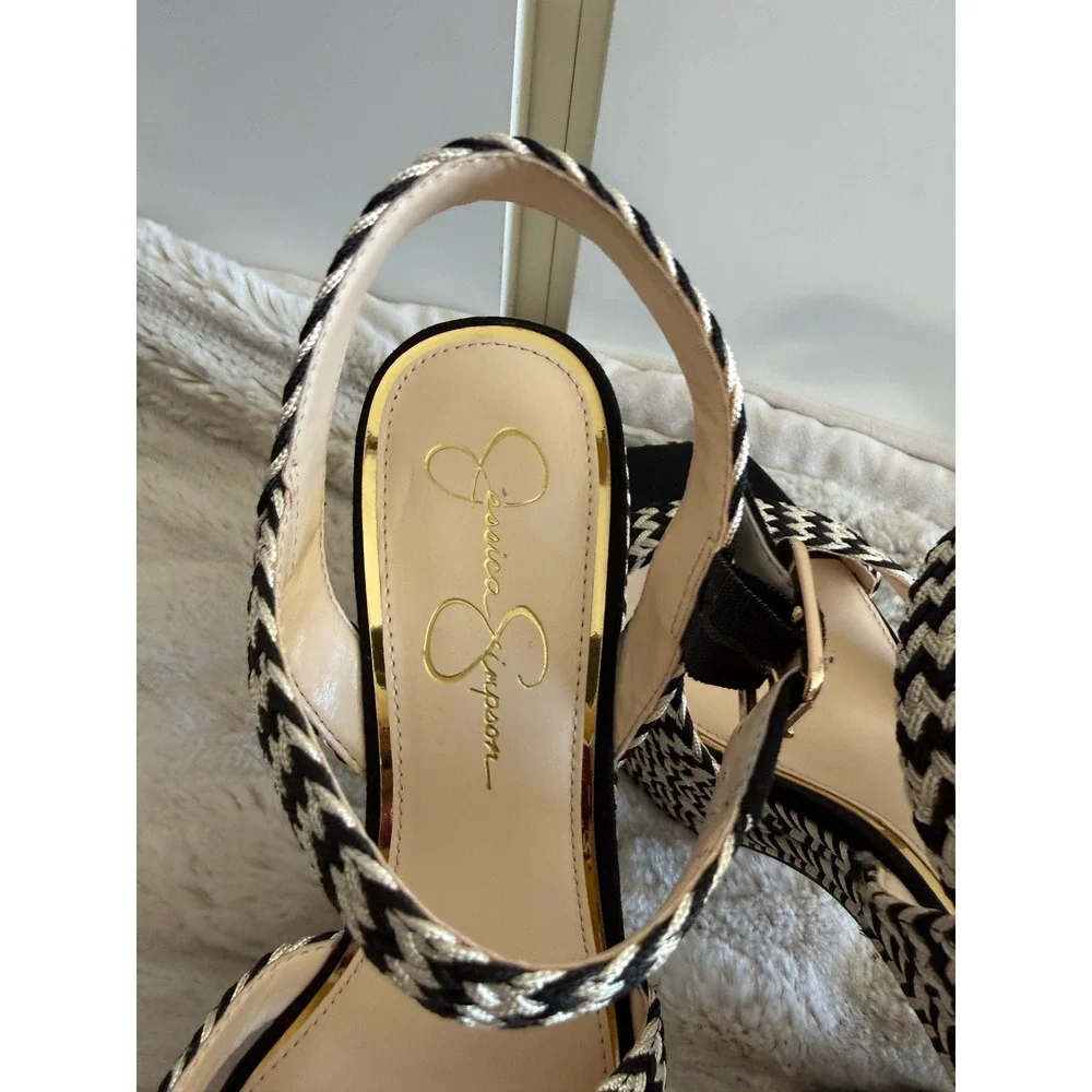 Jessica Simpson Woven Chevron Platform Sandals Black White Block Heel Square Toe